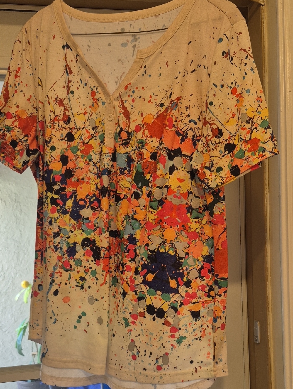 Paint-Splatter Short Sleeve Henley Tee - Multicolor on Cream